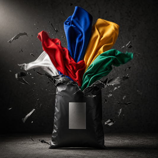 LOSTVAULT mystery bag torn open with colorful jersey fabrics bursting out