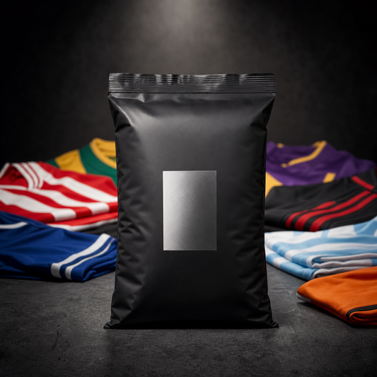 LOSTVAULT sealed black mystery bag surrounded by colorful athletic jerseys on dark surface