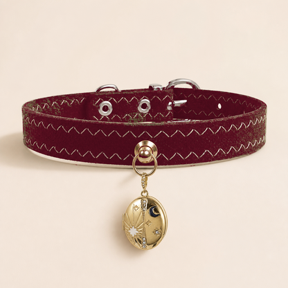 Berry red faux suede dog collar with white zig-zag stitching and gold celestial locket charm