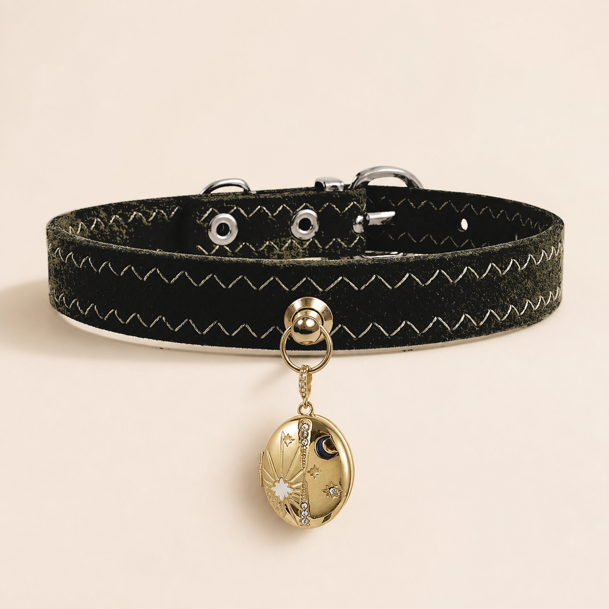 Midnight black faux suede dog collar with white zig-zag stitching and gold celestial locket charm