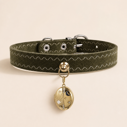 Olive green faux suede dog collar with white zig-zag stitching and gold celestial locket charm