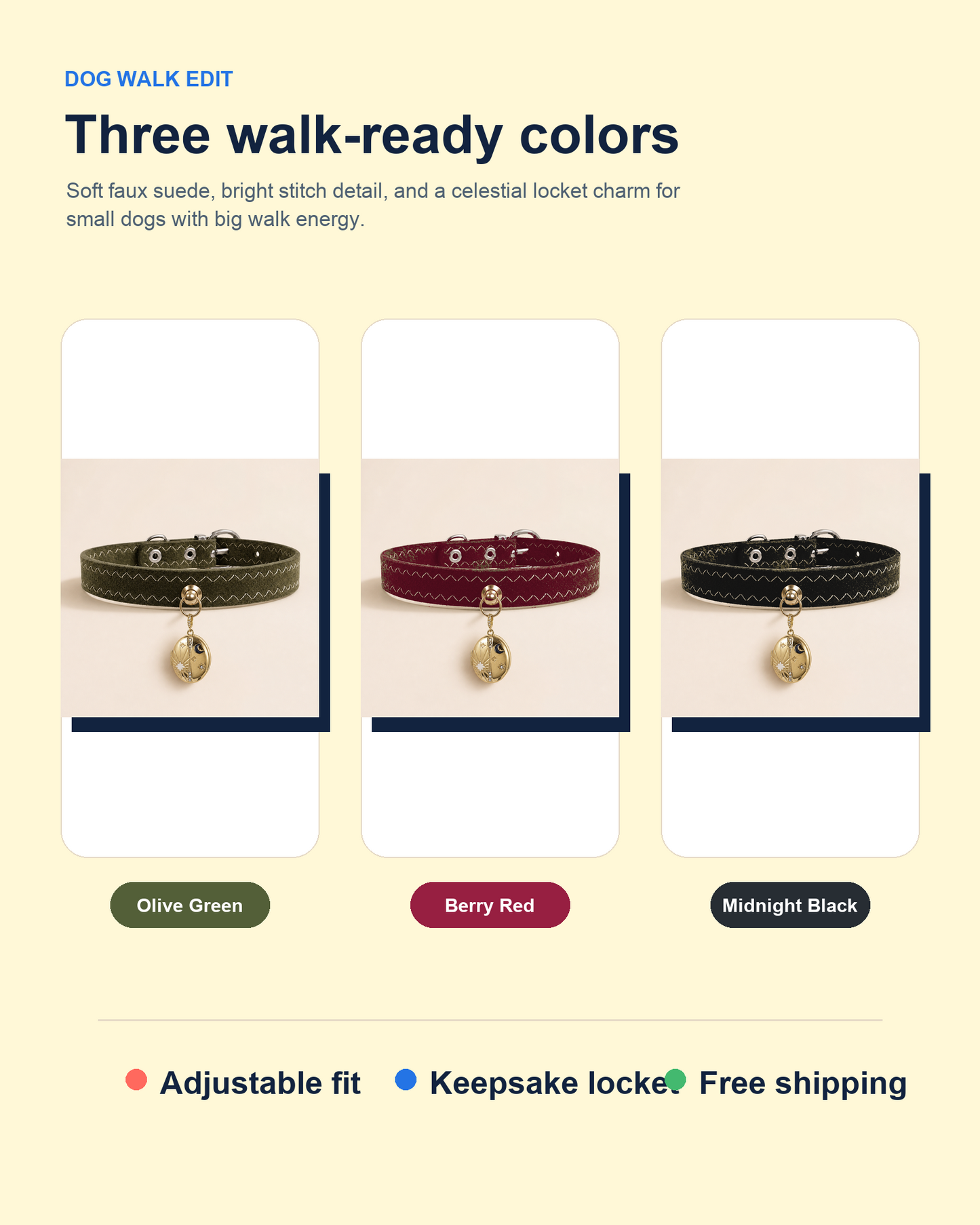 Three available colors for the Celestial Locket Dog Collar: Olive Green, Berry Red, and Midnight Black