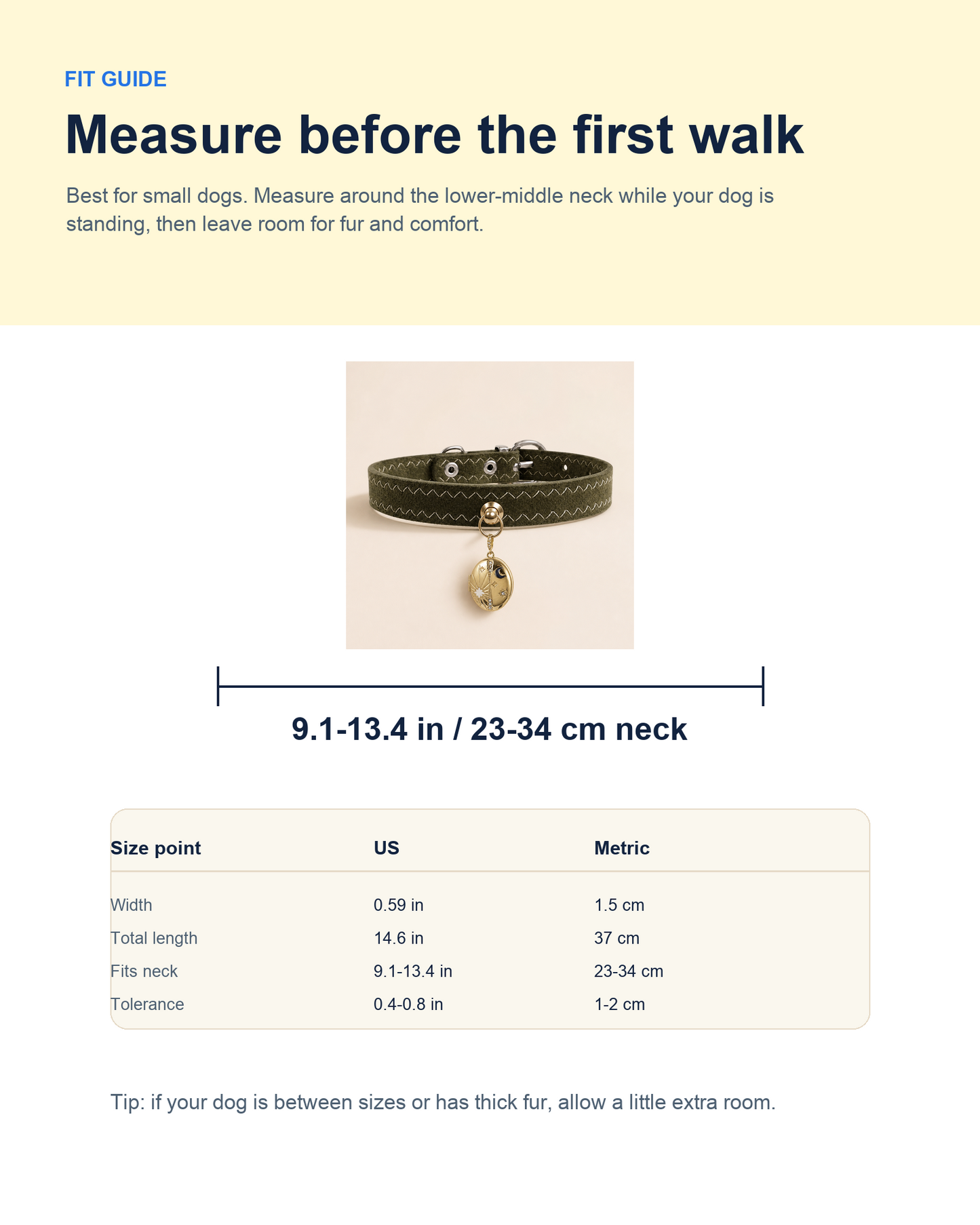 Size guide for the Celestial Locket Dog Collar with neck range and measurement notes