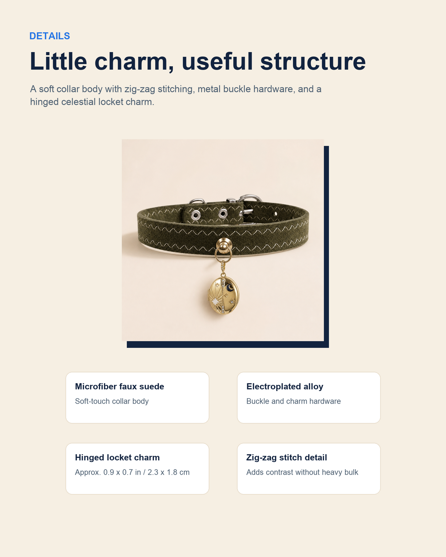 Feature details for the Celestial Locket Dog Collar including faux suede, alloy hardware, locket charm, and stitching