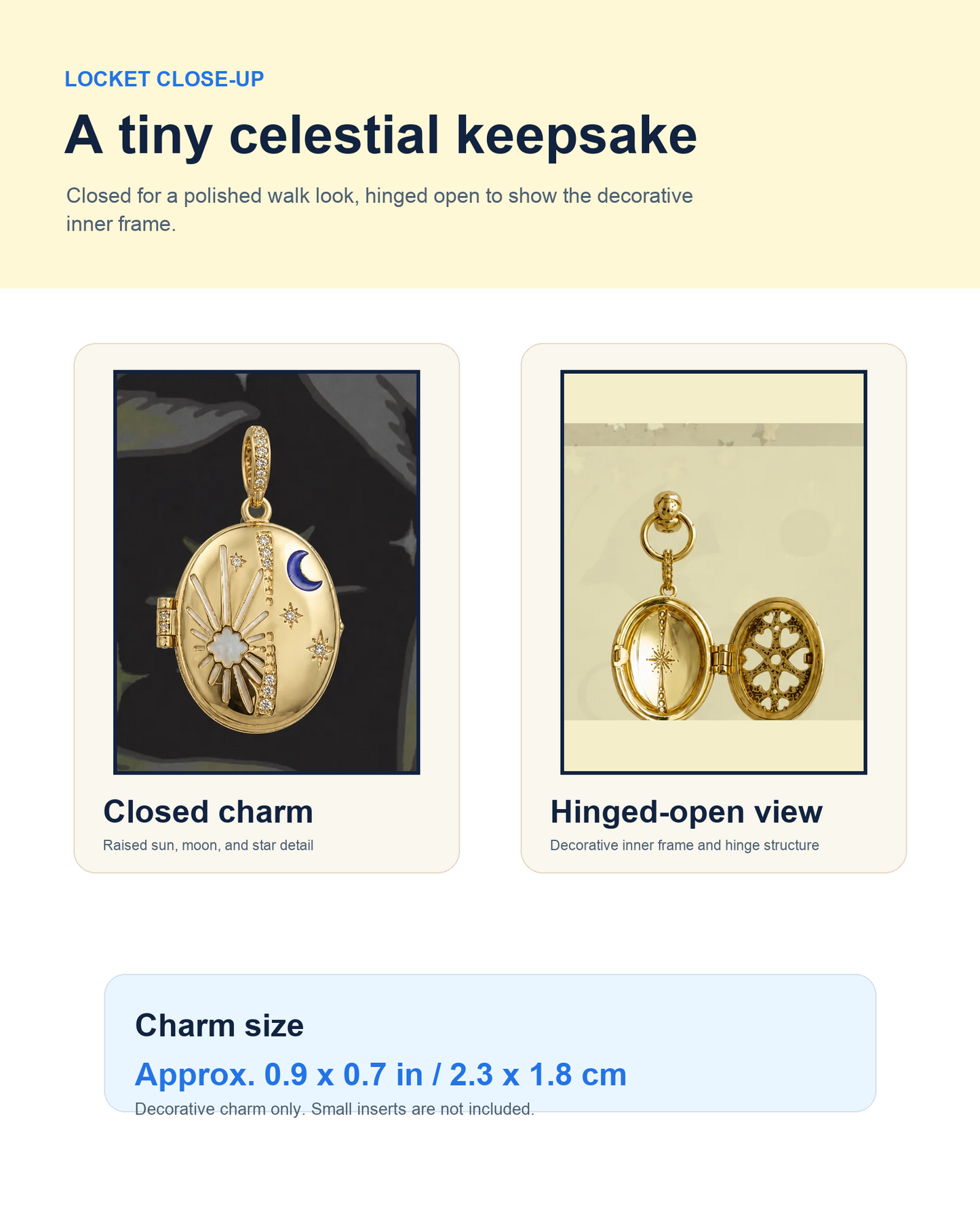 Close-up views of the Celestial Locket Dog Collar charm, shown closed and hinged open