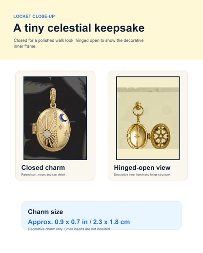 Close-up views of the Celestial Locket Dog Collar charm, shown closed and hinged open