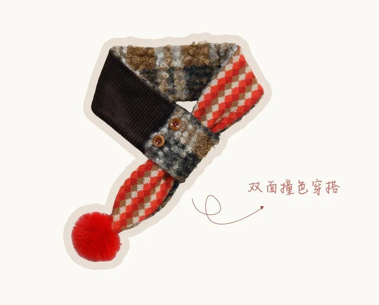 Red plaid pom pom pet scarf product view