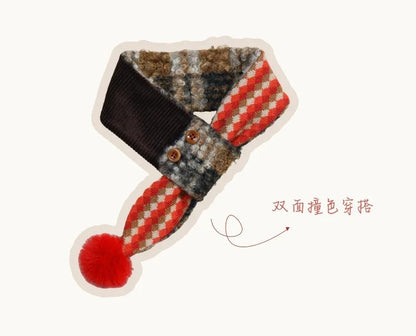 Red plaid pom pom pet scarf product view
