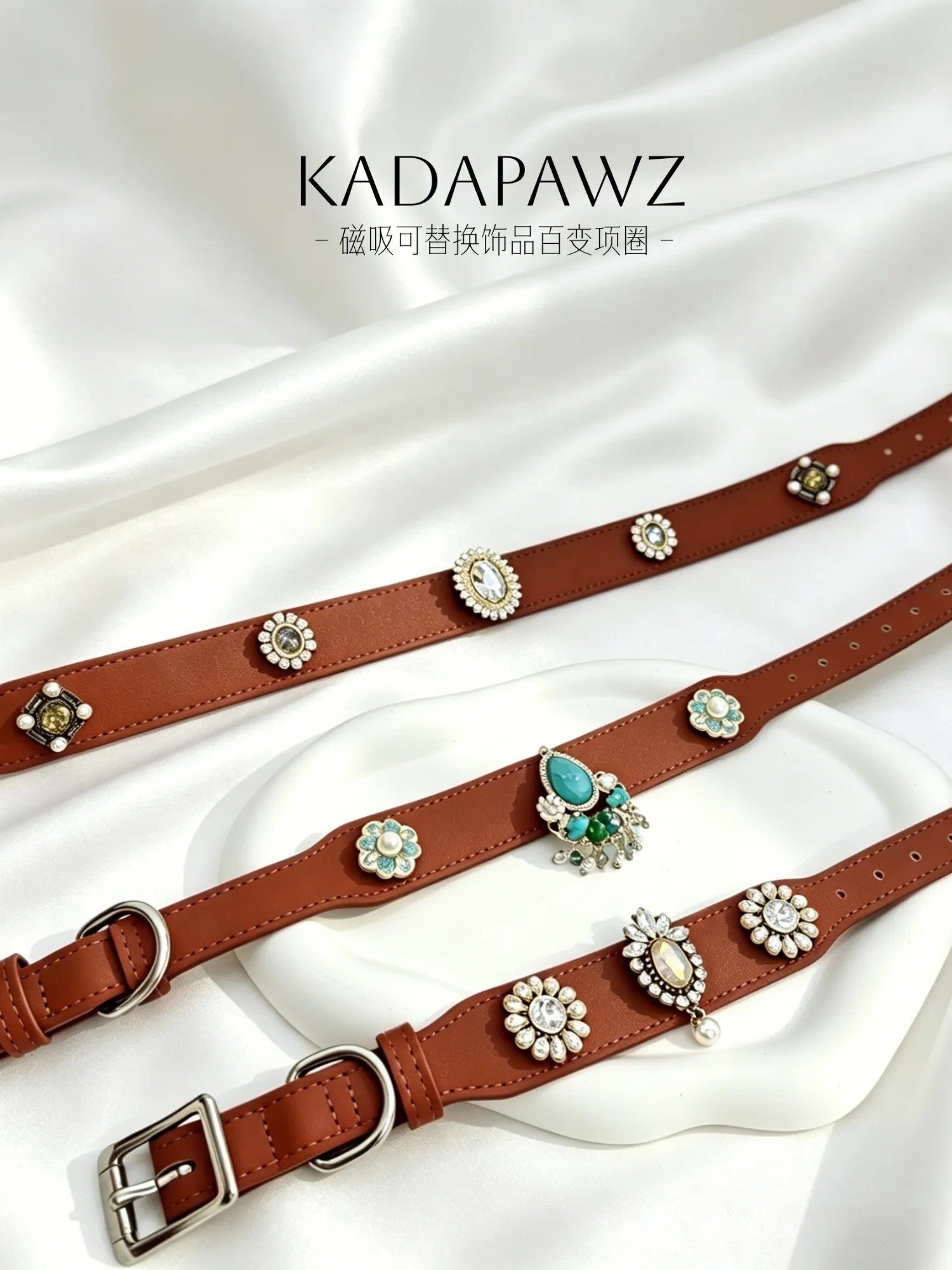 Brown magnetic dog collar with interchangeable charm slots
