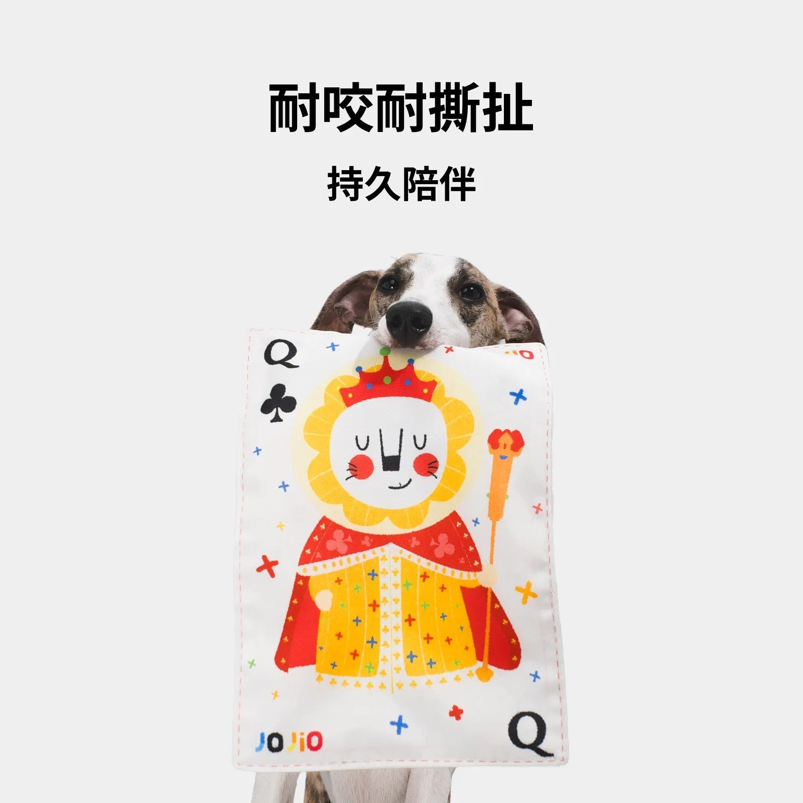 Durable playing card dog toy handle detail