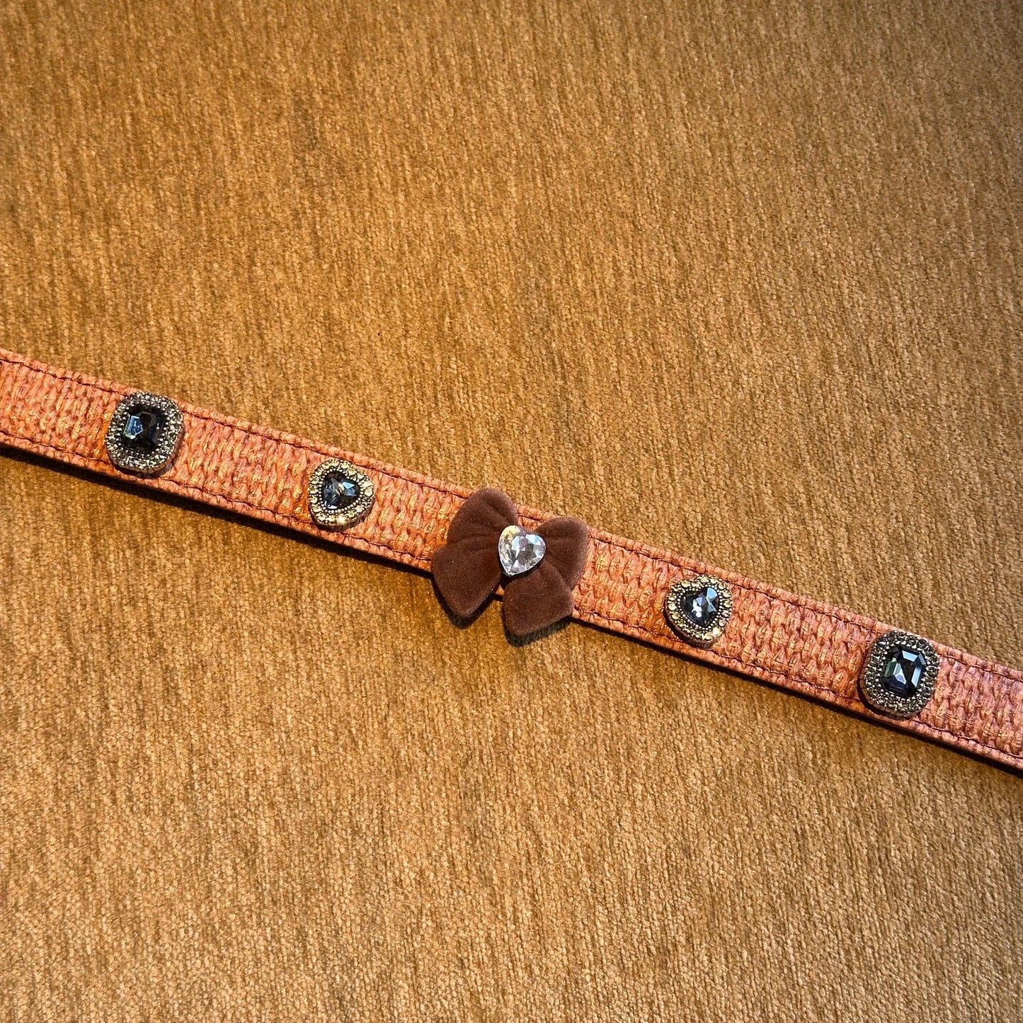 Caramel brown dog collar crystal buckle strap detail