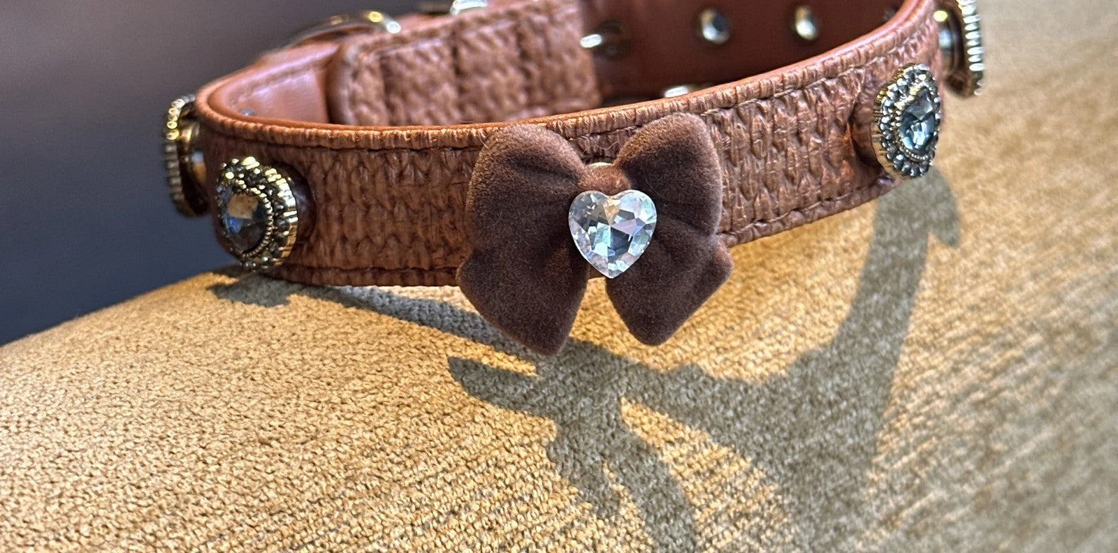 Vintage caramel dog collar close-up product view